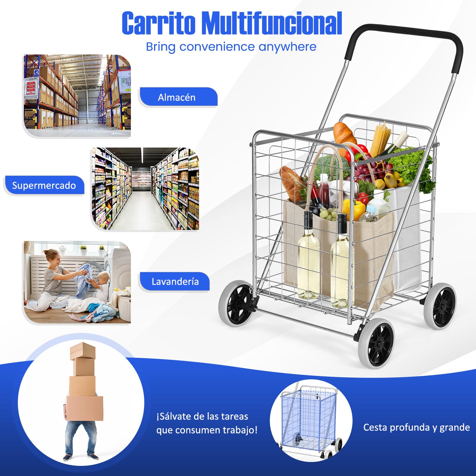 GYMAX Carrito Plegable 83 L, Carrito Multiusos Resistente con Asa y Ruedas Grandes, Carrito Versátil con Cesta de Metal para Almacenes, Supermercados y Lavandería (Plata)