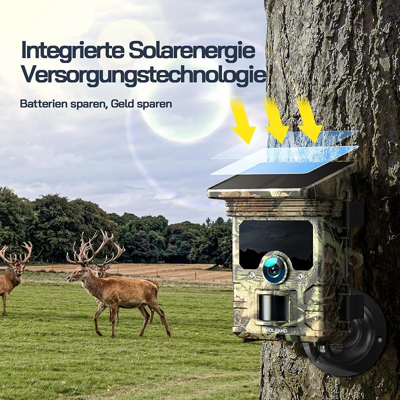 WOLFANG Napelemes Vadkamera 4K 68MP Mobilos Átvitellel - 120° Széles Látószögű WiFi/Bluetooth Vadmegfigyelő Kamera Éjjellátóval, IP66 Vízáll