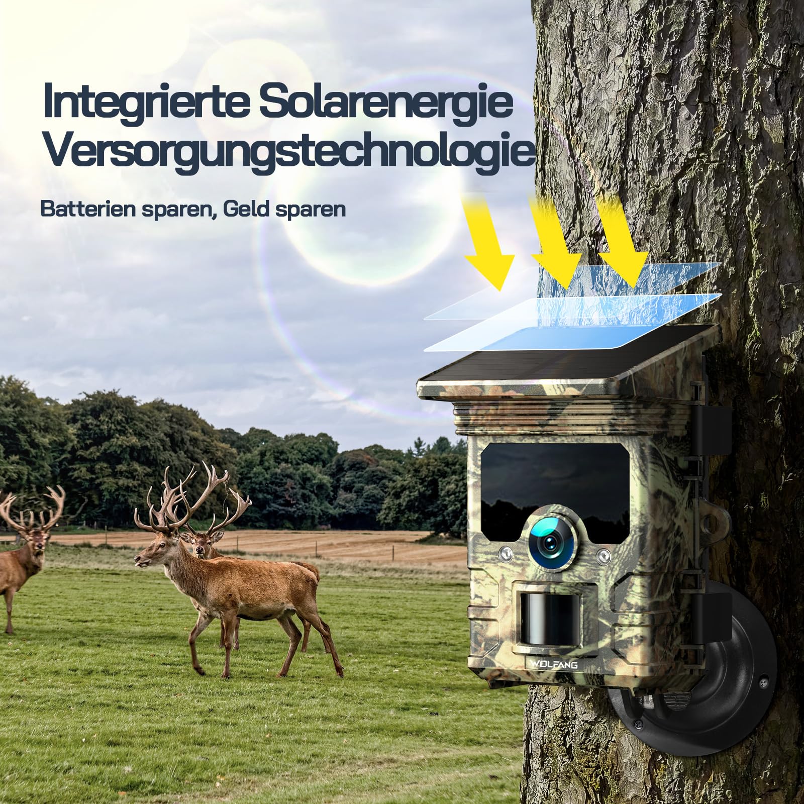 WOLFANG Solar Wildkamera mit Handyübertragung, 4K 30fps 68MP,120 ° Weitwinkel WLAN Bluetooth Wildtierkamera, Bewegungsmelder Nachtsicht, IP66, 0.1s Auslösezeit für Wildlife Monitoring