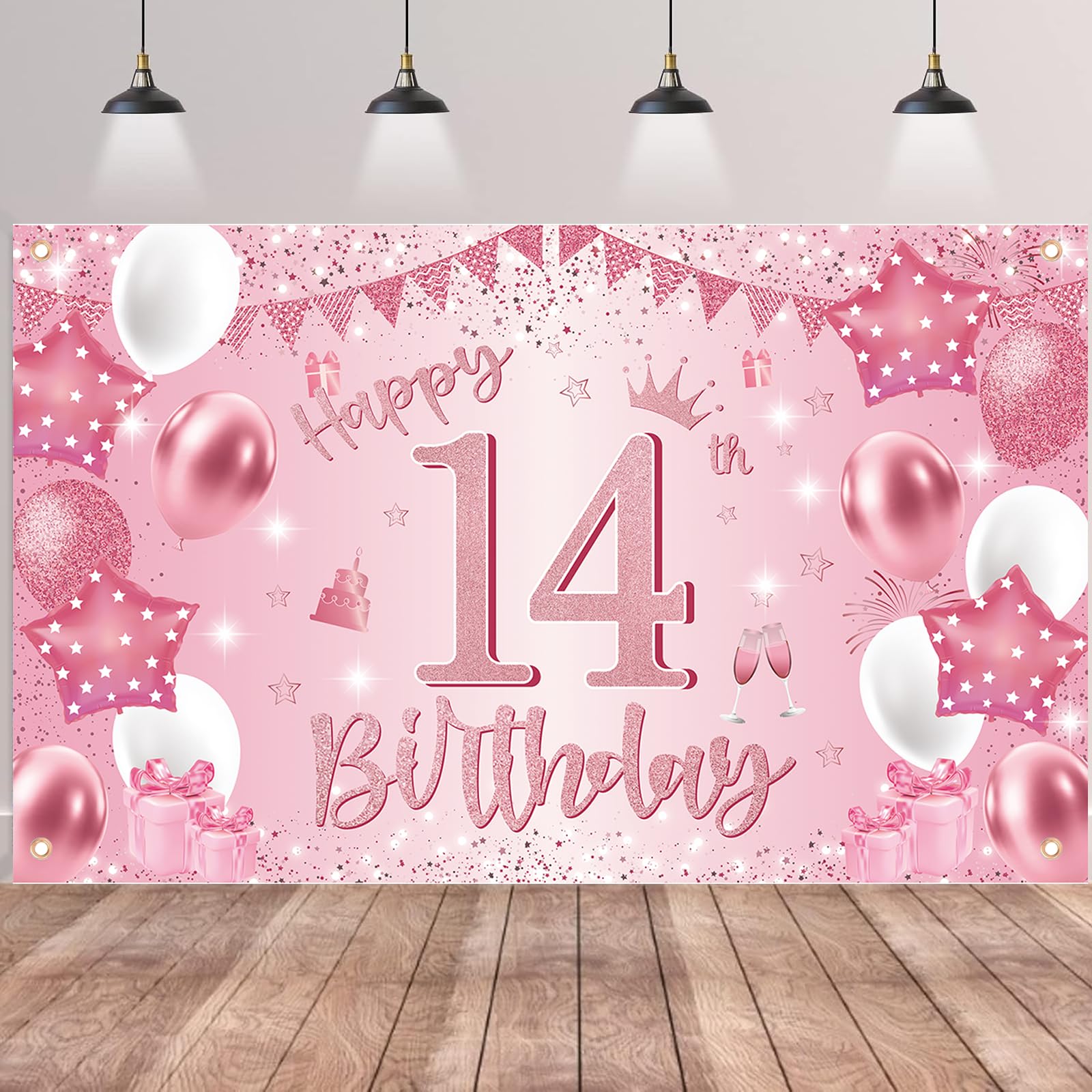 Happy 14th Birthday Banner Backdrop - Pink Decoration Backdrop Pre-Teen Photography Background, Fabric Sign Poster for 11 Years Old Girls Birthday Party Supplies — image 1