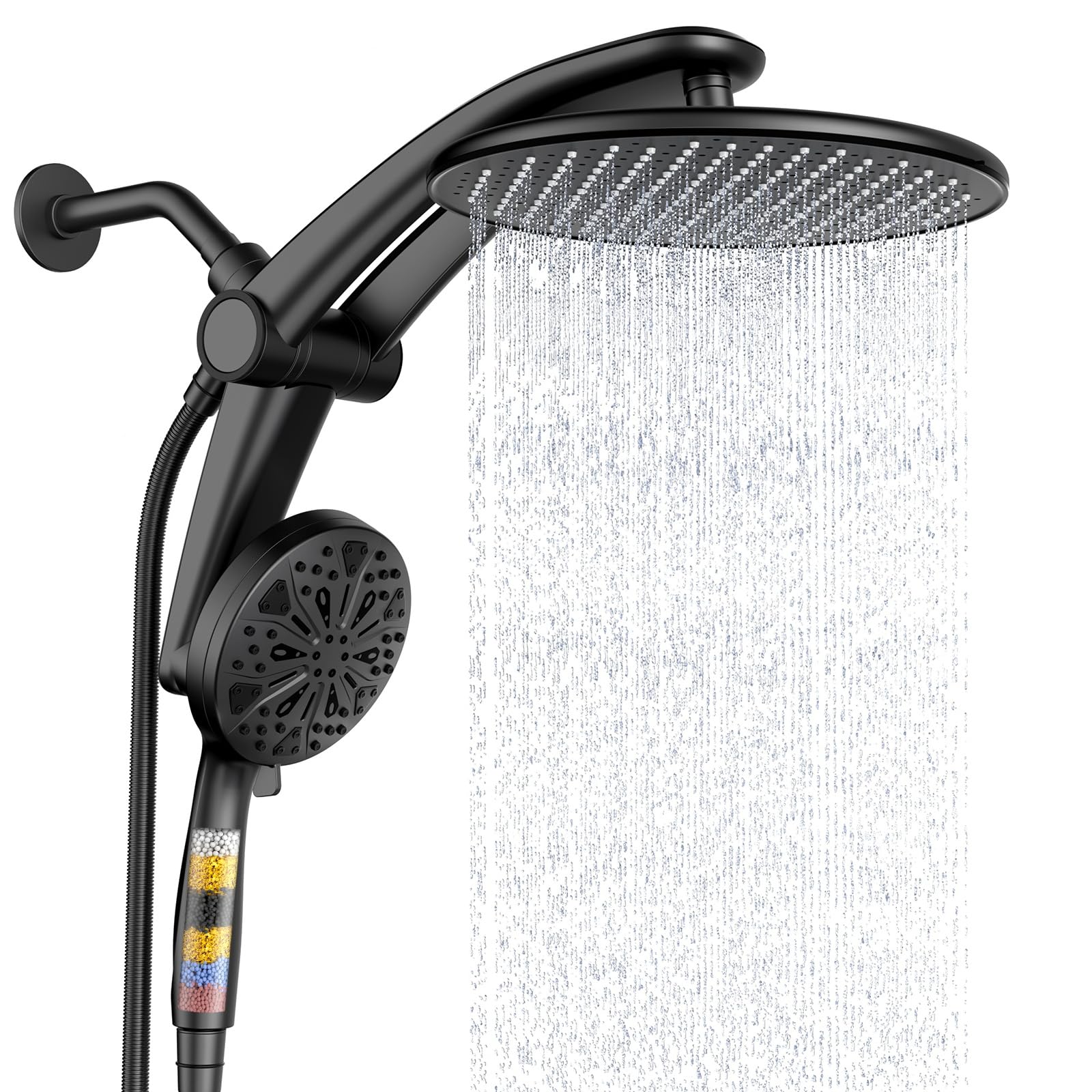 Shower Head with Filtered Handheld High Pressure daul Shower Heads with Handheld Spray Combo and 10 Sprays Handheld Shower Head Detachable Shower Head Built-in Magnetic Docking and Power Jets Black