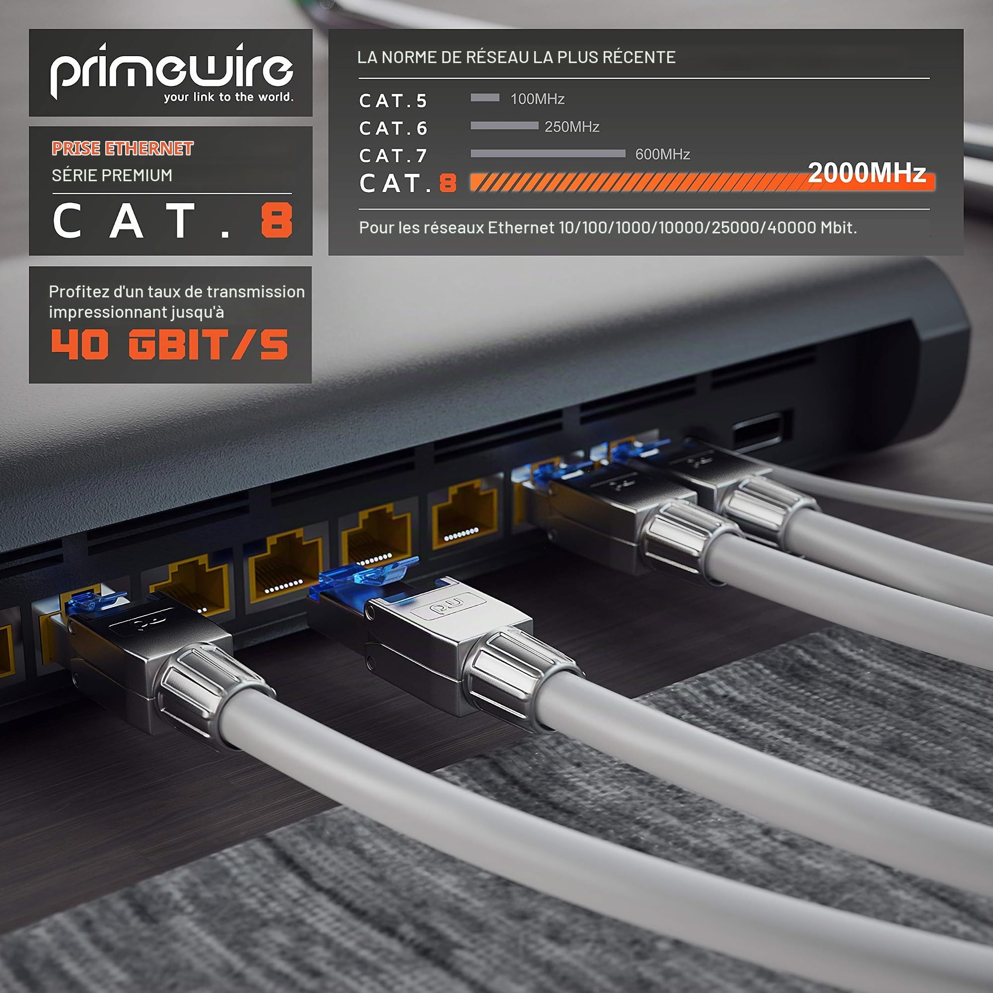 Primewire - 10x connecteurs de sertissage sans Outils RJ45 Cat 6 Cat 7 Cat 8 - connecteur modulaire rj45 - fiche rj45 sans Outil - blindé en Zinc - LAN 40 GBit/s 20000 MHz - TIA-568A, B - 23, 26 AWG