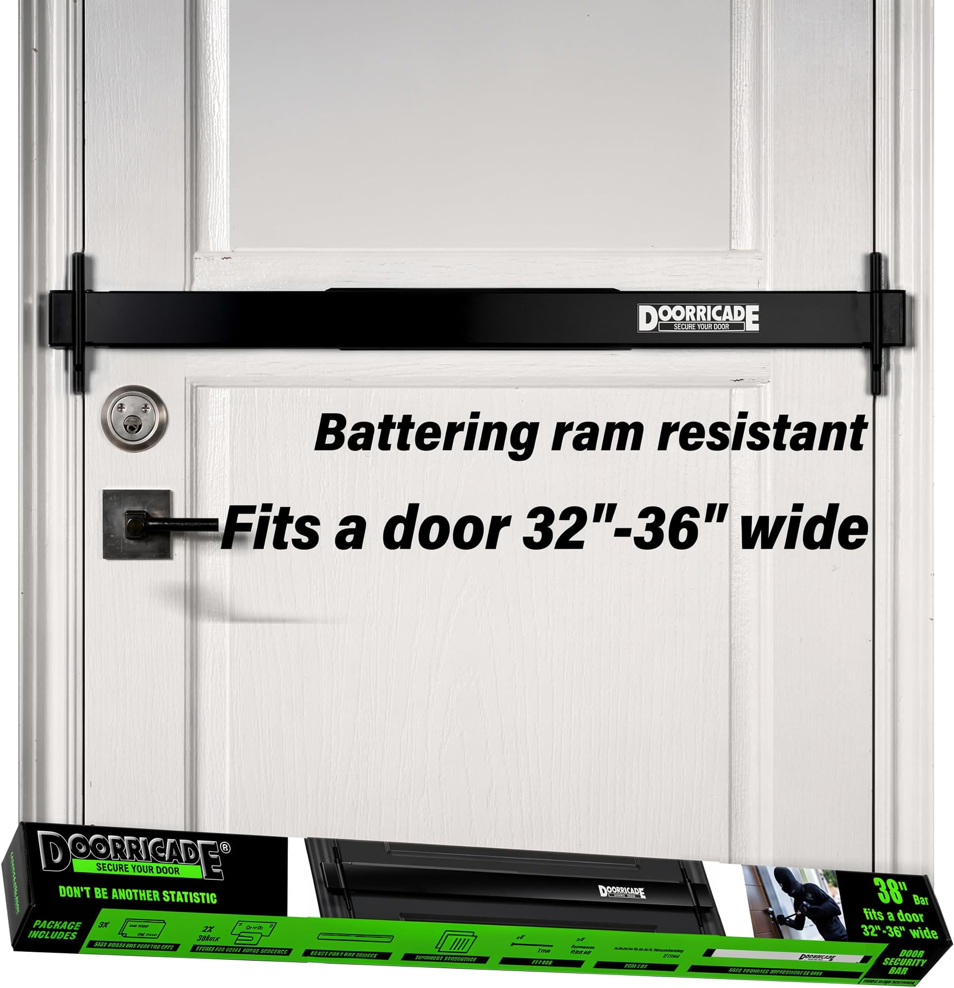 Doorricade Security Bar - Fits an Inward Opening Door 32-36" Wide-Black | Easy Installation Heavy-Duty Door Barricade Bar with 2,000 lbs Battering Ram Resistance - Good for Home & Apartment Security