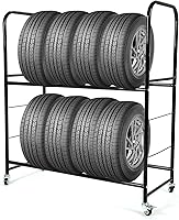 HECASA Adjustable Tire Rack Garage Storage Shelf 46x19x44in Holds 8 Tires w/Wheels & Dust Cover
