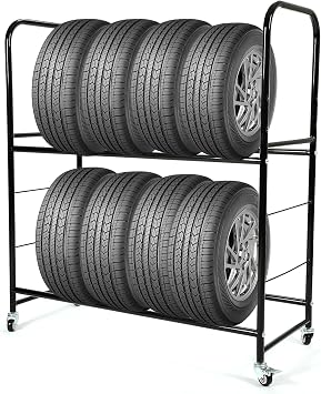 HECASA Tire Rack Storage Garage Shelves 46 X 19 X 44 Holds 8 Tires Adjustable Hight Tire Stand w/Wheels & Protective Cover