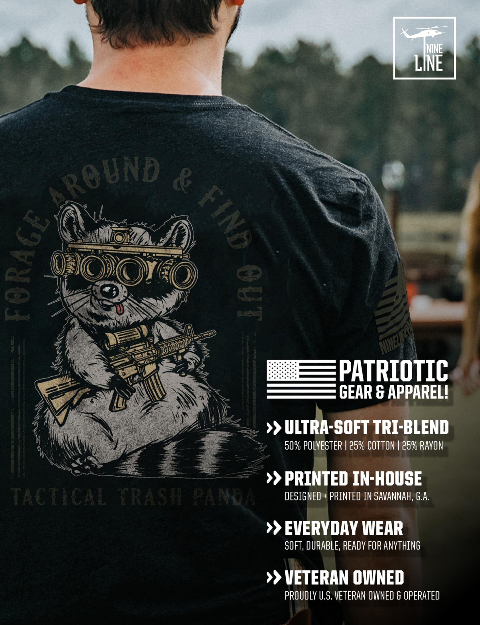 Nine Line Tactical Trash Panda T-Shirt, lustiges Waschbär-Militär-Grafik-T-Shirt, patriotische Veteranen-Bekleidung, hergestellt in den USA