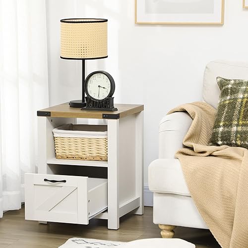 Miniatura 6 de HOMCOM Farmhouse Side Table, End Table with 1 Drawer, 1 Open Shelf and Tabletop for Living Room, White