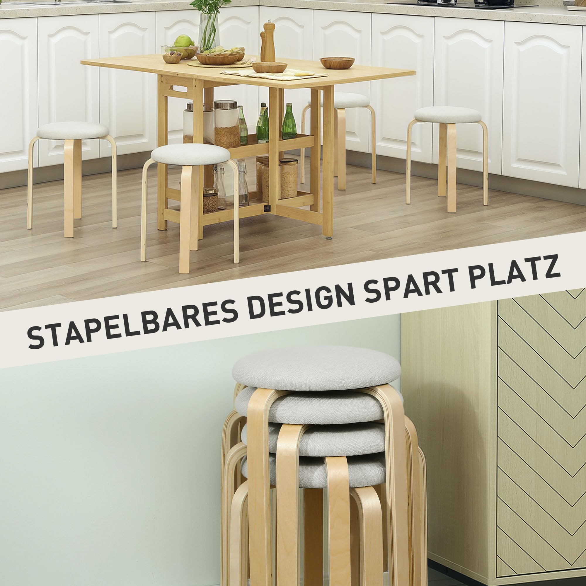 HOMCOM Esszimmerhocker 4er Set Stapelhocker für Esszimmer Cremeweiß | Aus Birkensperrholz, Hocker mit Leinenoptik, Küchenhocker, Polsterhocker, Wohnzimmer
