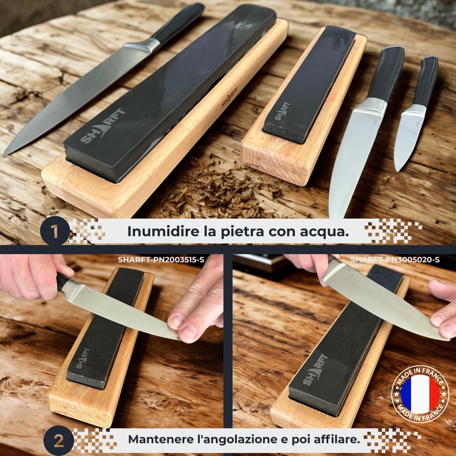 SHARFT, pietra per affilare naturale dei Pirenei, equivalente a grana 1000 + base in legno. Pietra per affilare 300 mm. Affilacoltelli da cucina, ecc. Affilacoltelli professionale. PRODOTTO IN FRANCIA