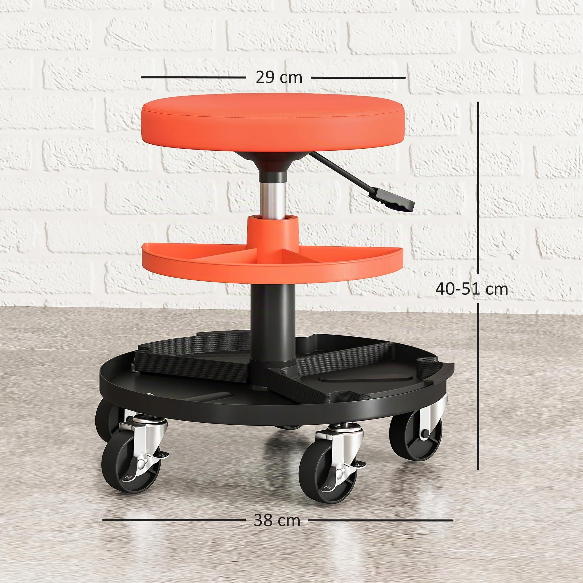 HOMCOM Taburete de taller con ruedas, taburete de mecánico con altura regulable 40-51 cm, 2 estantes para herramientas, asiento giratorio, carga máx. 135 kg, amarillo