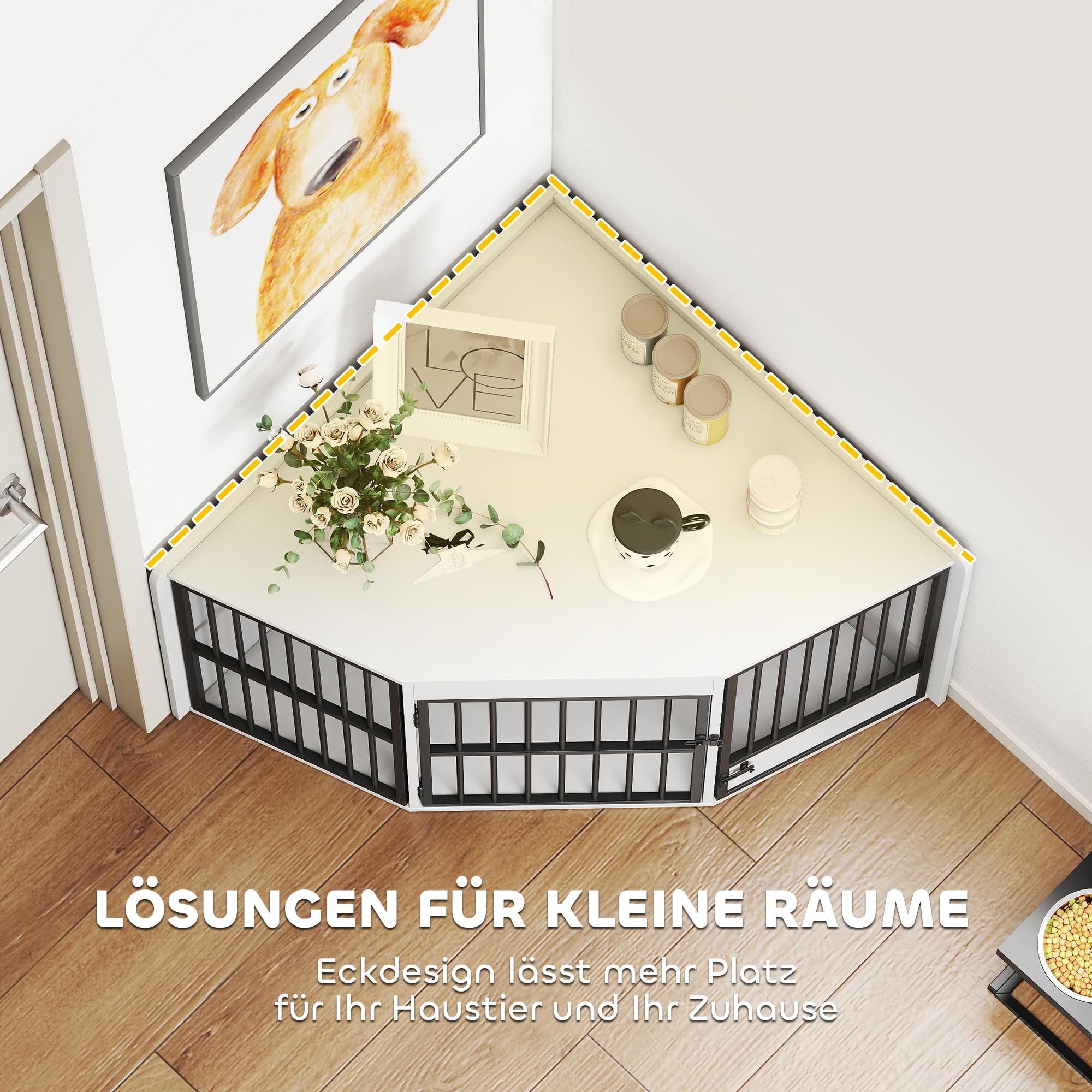 PawHut Eck-Hundekäfig Hundebox für Zuhause, Abschließbare Hundehütte Indoor mit drehbare Fütterungstür Hundehaus für kleine/mittlere Hunde Weiß 113 x 80 x 64 cm