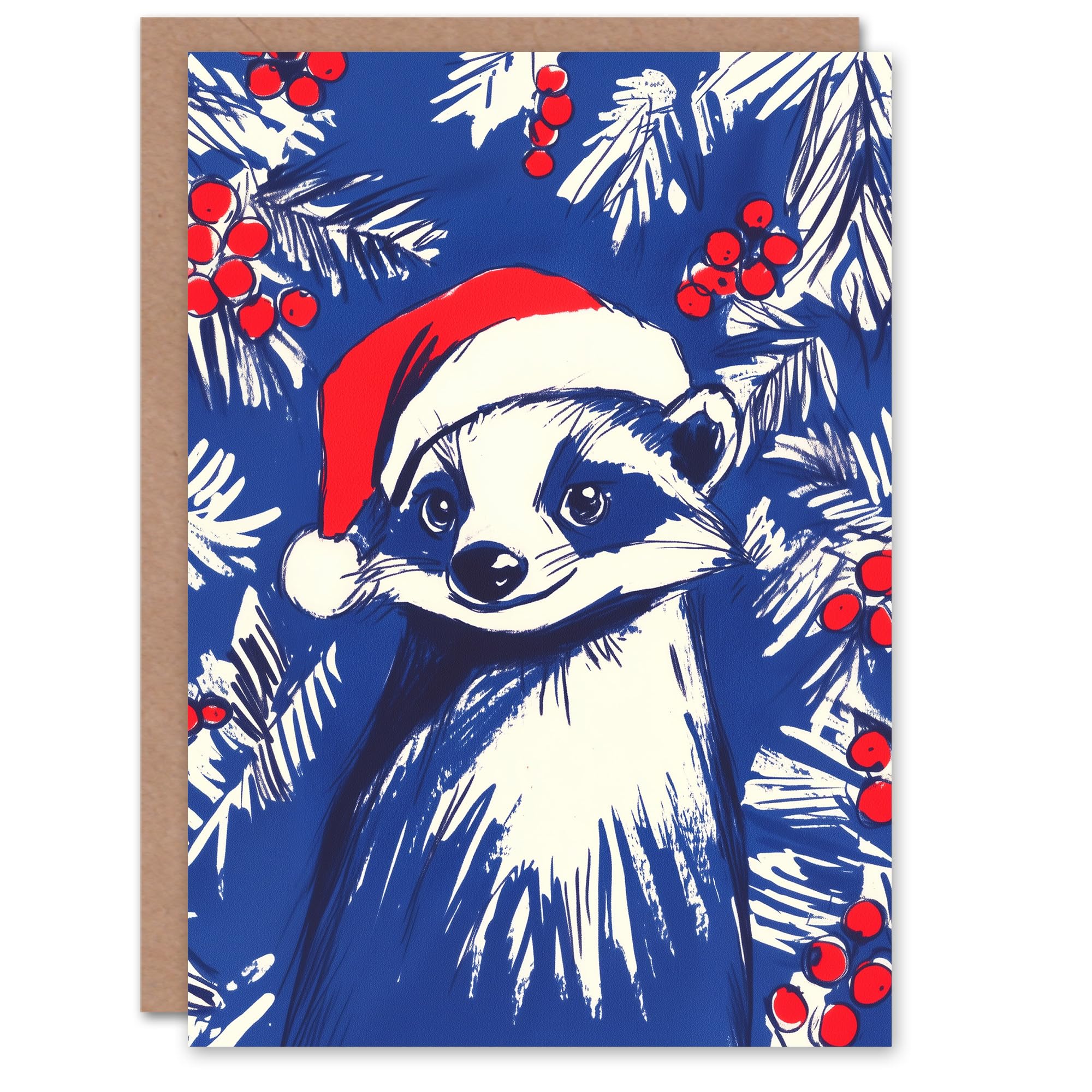 Artery8 Santa Hat Badger Holly Plant Berry Blank For Him Or Her Art Xmas Festive Christmas Card