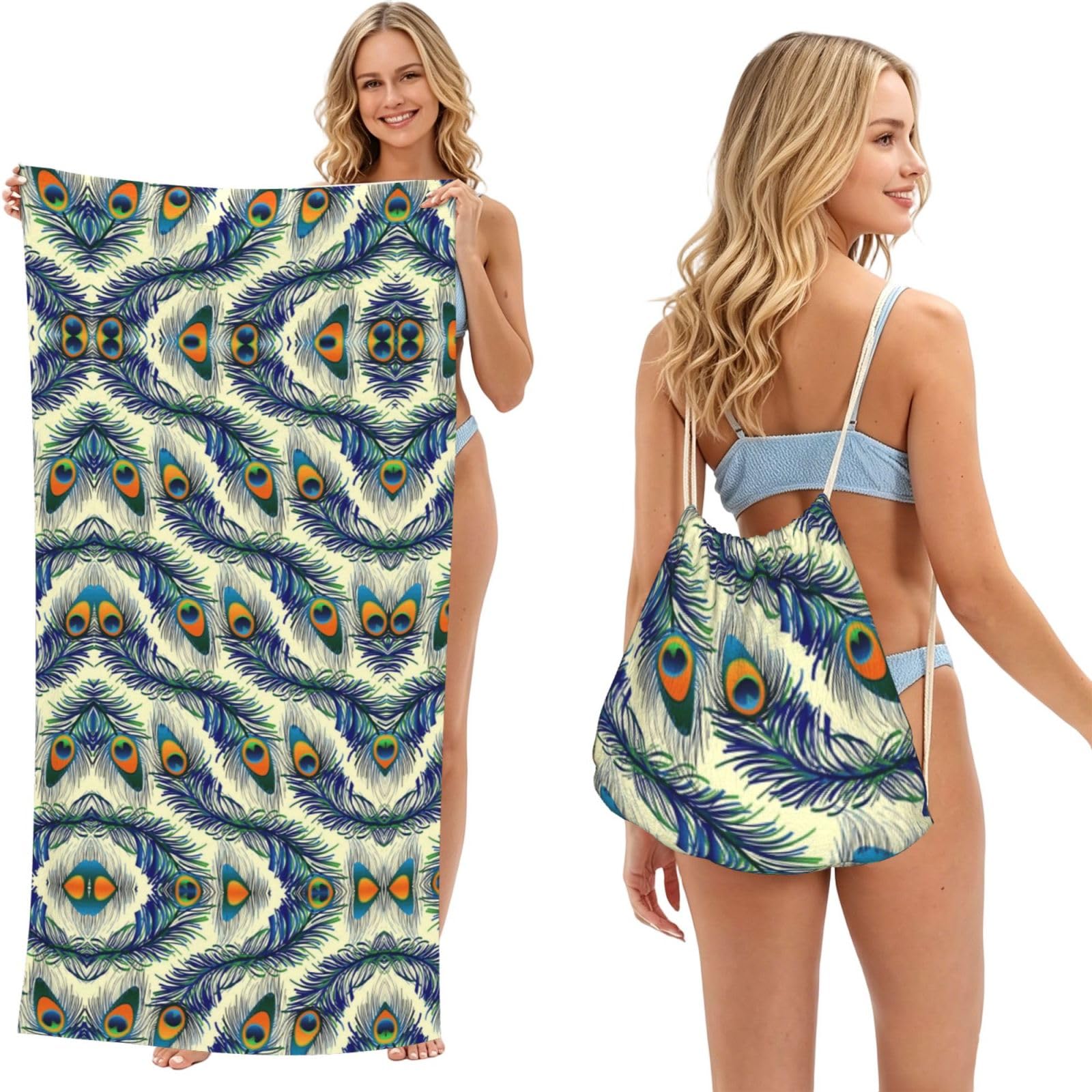 ESNAIUVCD Peacock'S Feather Print Beach Towel For Adults,Towel With Drawstring Bag, Travel Pool Swimming Sports Shower Sand Free Quick Dry Bath Towel For Pool, Beach, Yoga- 180x60cm