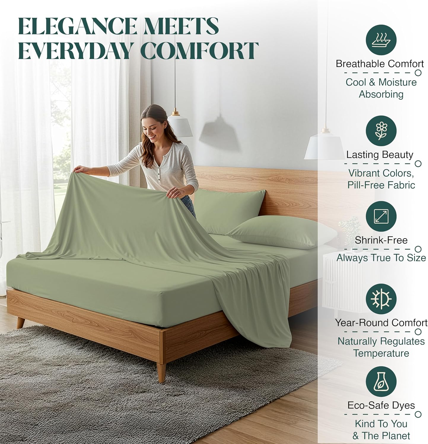 100% Egyptian Cotton Sheet Set 1000 Thread Count King Size 4 PCs Sateen Weave Cooling Soft Wrinkle Resistant Luxury 18 inches Deep Pocket| 1-1 Fitted Flat Sheets 2 Pillowcases |Sage