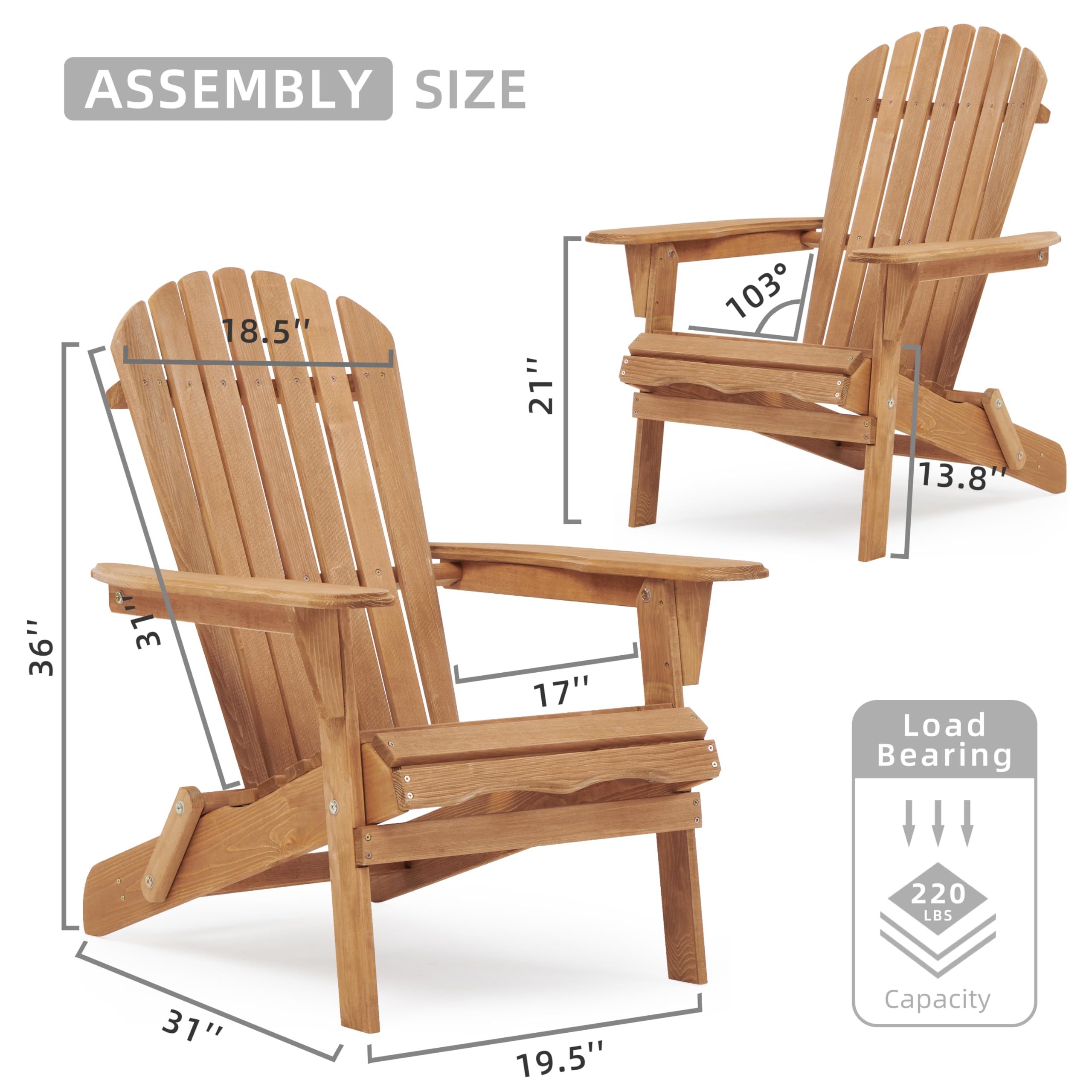 Folding Adirondack Chair Set of 1 Wood Outdoor Patio Lounge Chair, for Garden Backyard Firepit Deck Poolside