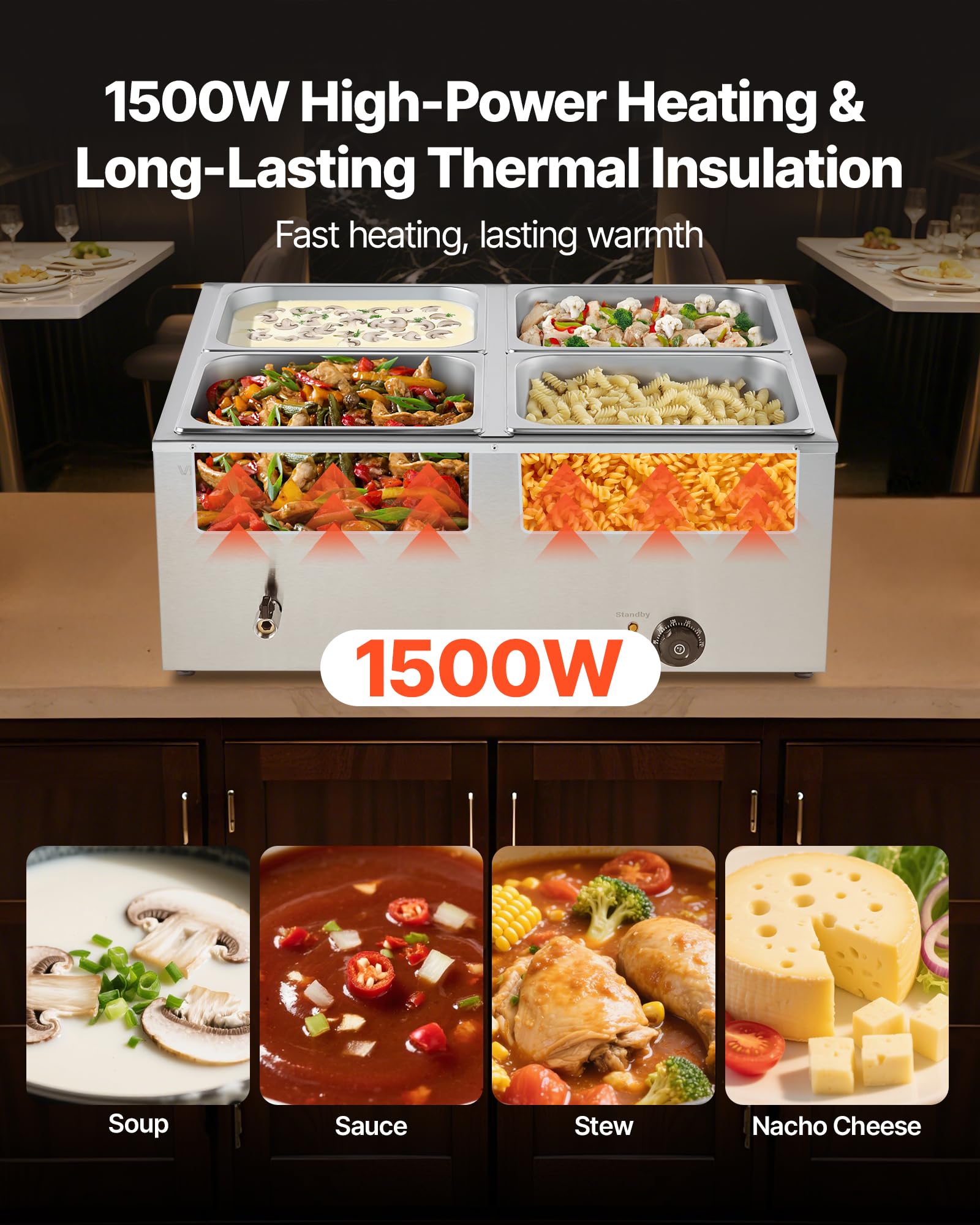 VEVOR Calentador de Alimentos 1500 W, Eléctrico, Acero Inoxidable, con Vapor y Tapa, a 4 Bandejas de Calentamiento Rápido, a Buffet de Encimera, Baño María con Cucharones para Sopa y Perforados