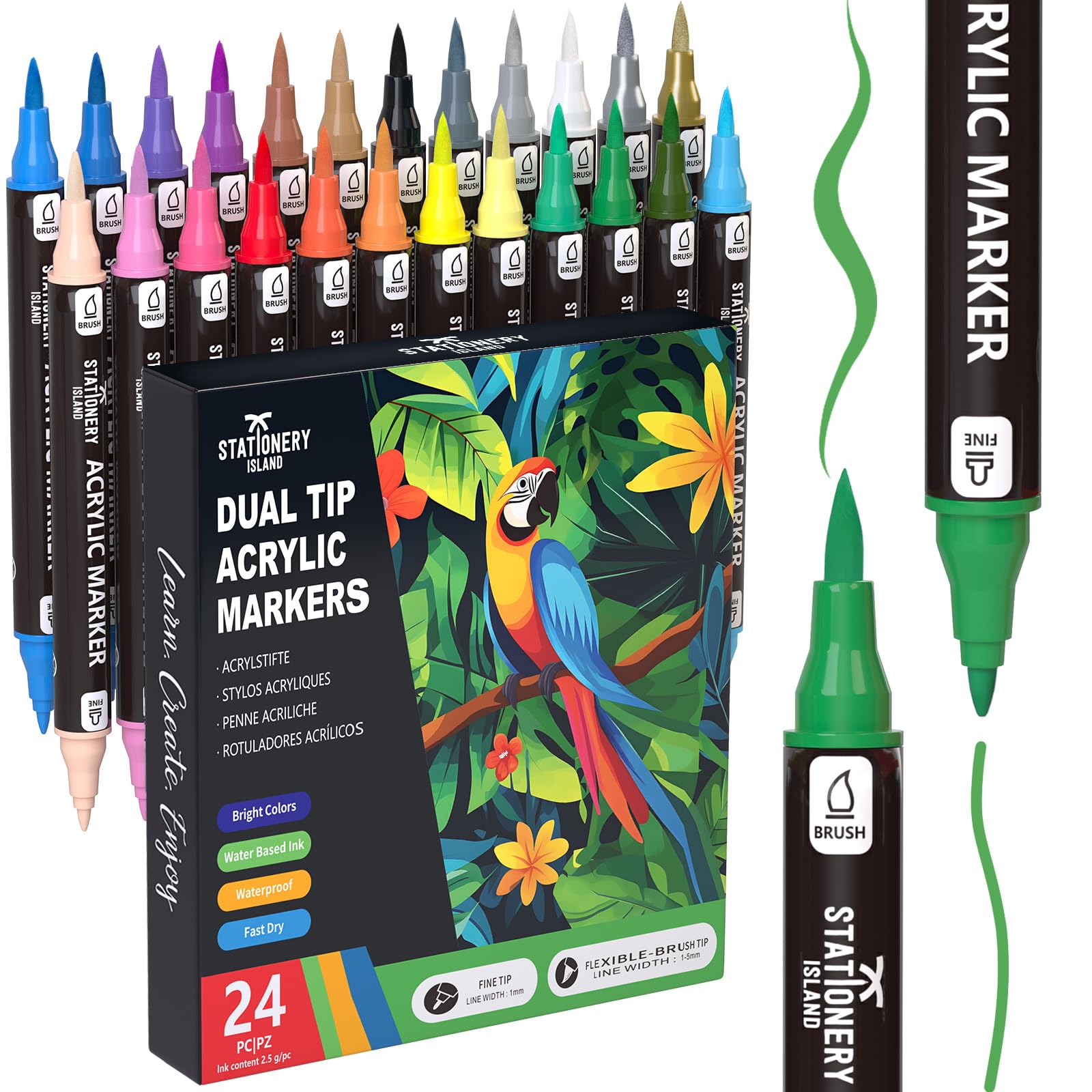 Stationery Island Rotuladores permanentes de pintura acrílica de 24 colores, marcadores de doble punta para roca, calabaza, piedra, vidrio, cerámica, madera y tela, bolígrafos de pintura a base de