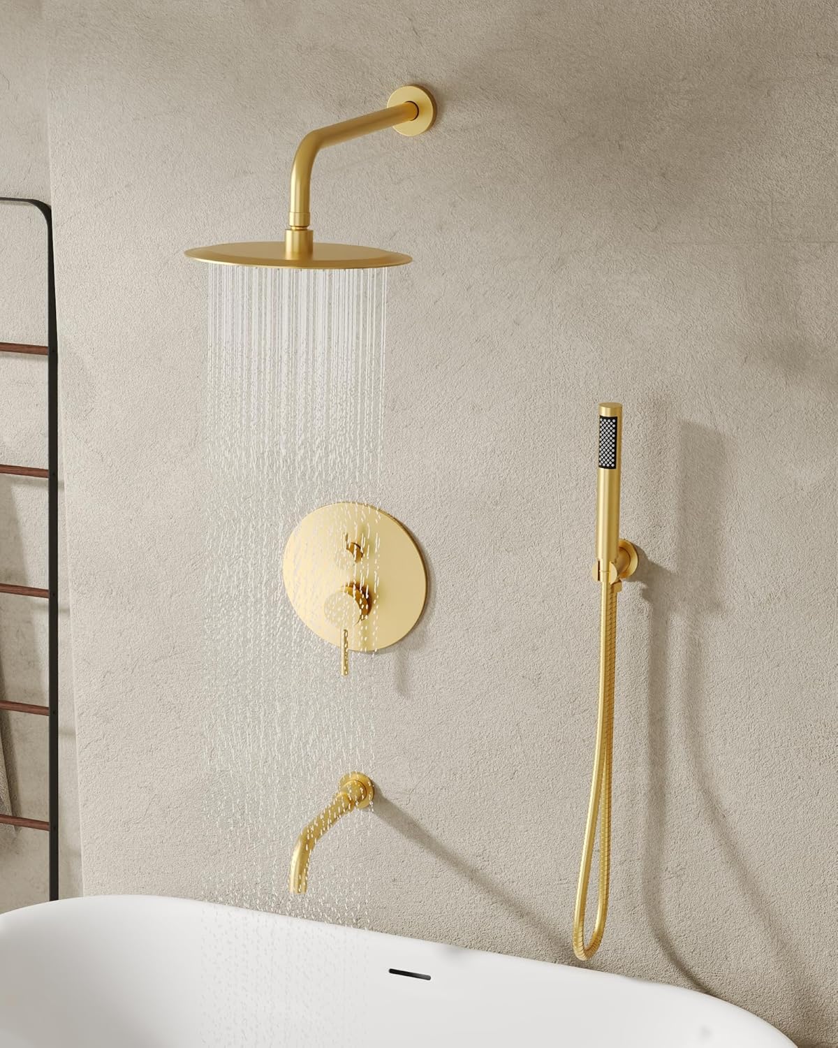 10" High-Pressure Rainfall Shower System with Handheld Spray, Wall Mount Bathroom Shower Faucet Set with Tub Spout, Brushed Gold (Valve Included)