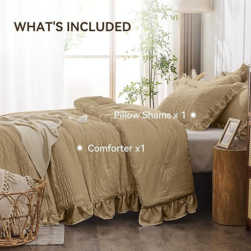 Miniatura 224 de JOLLYVOGUE - Juego de edredón tamaño queen, de 3 piezas, estilo seersucker, ligero y esponjoso para todas las estaciones, con 1 edredón con volantes