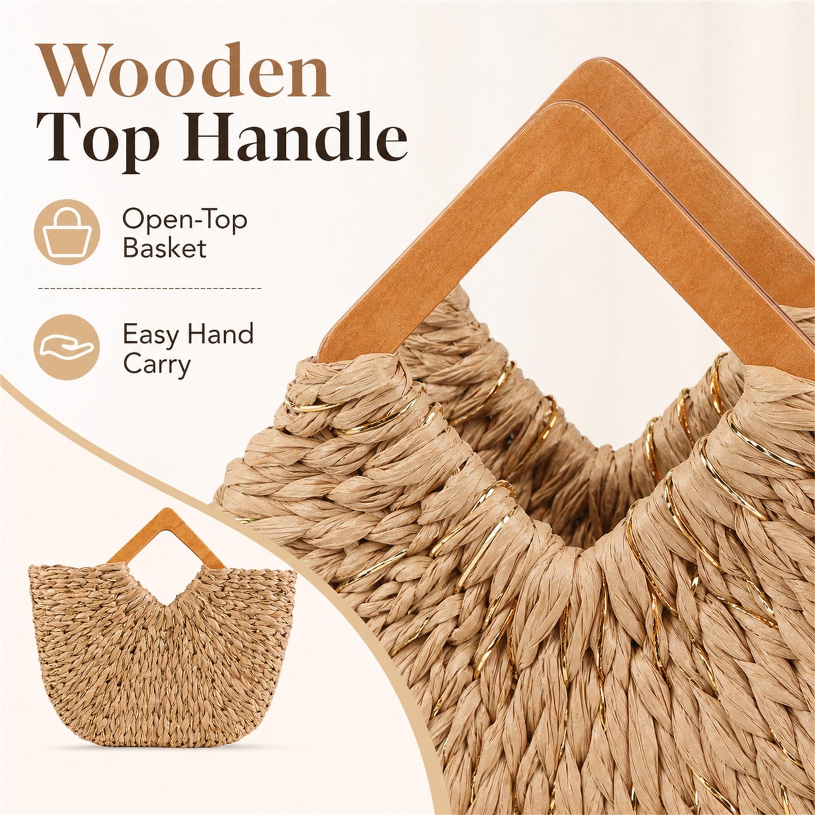 Sac De Plages en Paille,Panier De Plages en Osier,Panier De Plages en Paille,Sac Cabas en Paille,Sac De Shopping Tressé,Sac De Plages en Paille pour Femme Grande Capacité