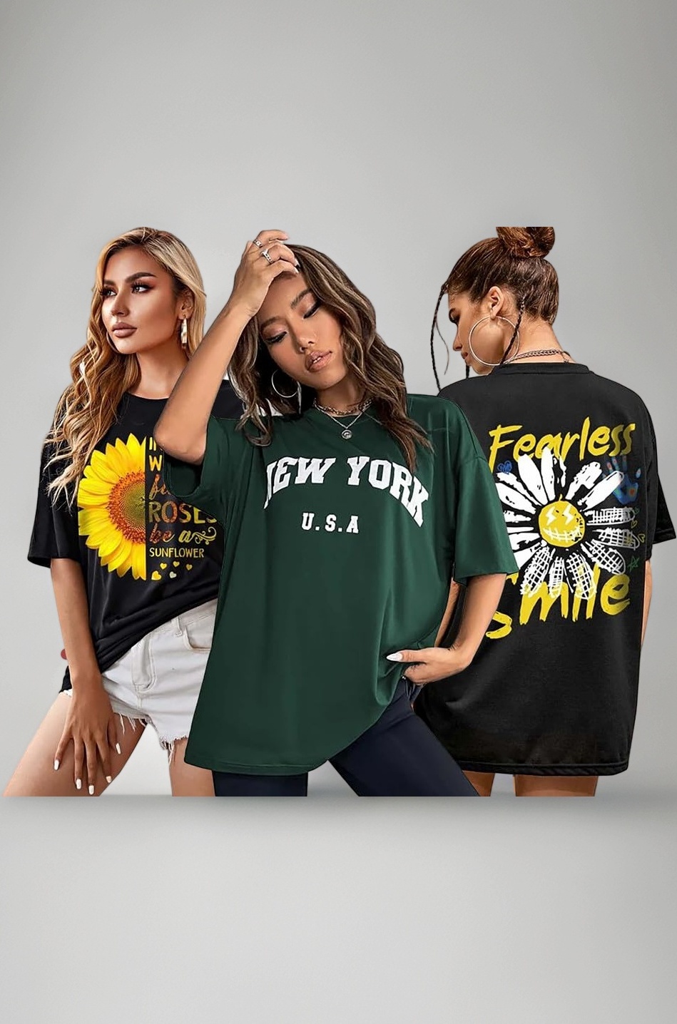 London Hills Women's Cotton Oversized Fit Printed Round Neck Oversized T-Shirt | Loose Fit Drop Shoulder T-Shirt Pack of 3