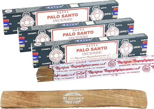 Satya Nag Champa Palo Santo - Varillas de incienso Satya Bng (Bangalore) Insenses 0.53ozmx3 (45 GMS) con soporte para incienso Raajsee, incienso