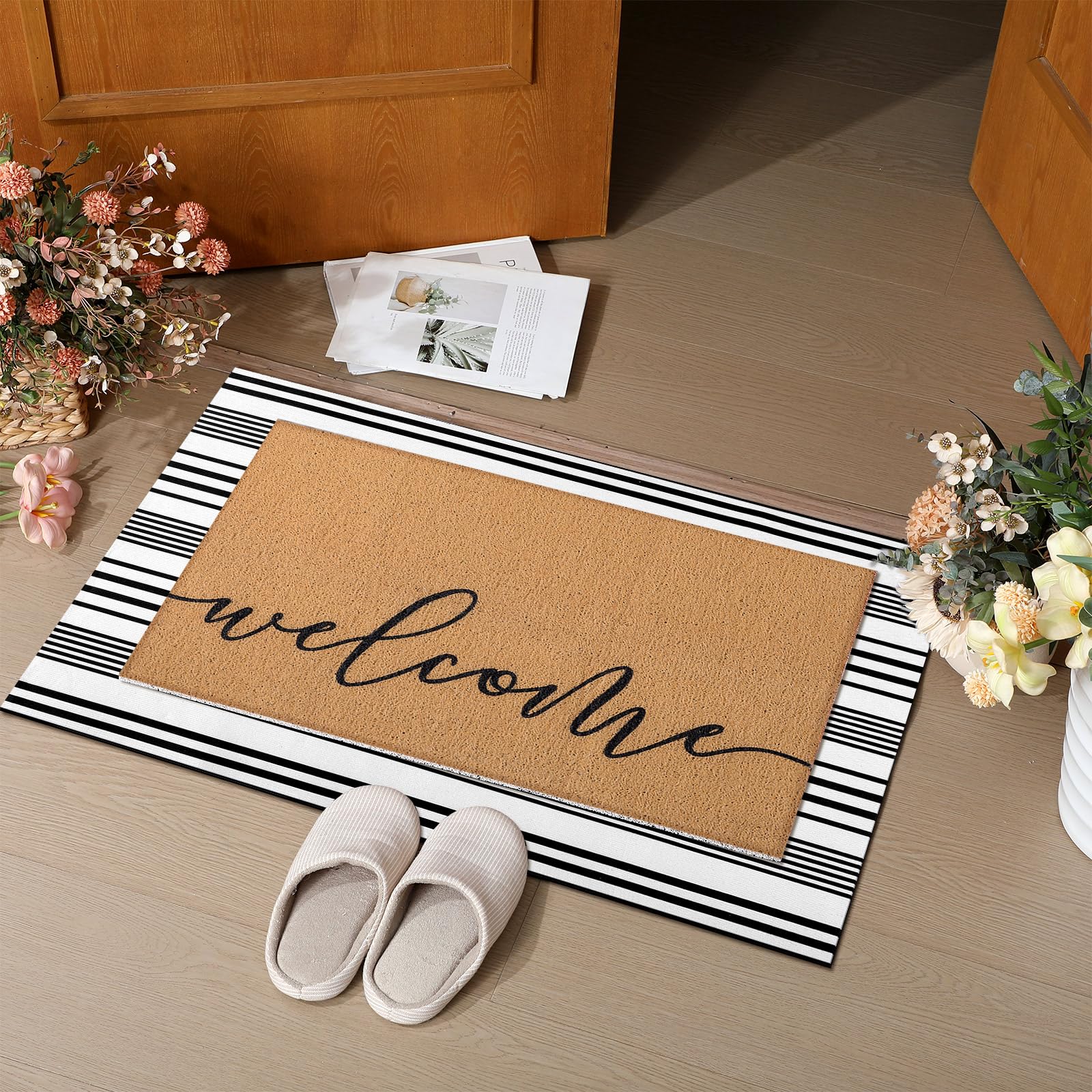 Tinideya 2 Pcs Summer Door Mat Non Slip Wildflower Hello Sunshine Sweet Home Ocean Pet Welcome Floor Doormat Buffalo Plaid Checked Stripe Mat Seasonal
