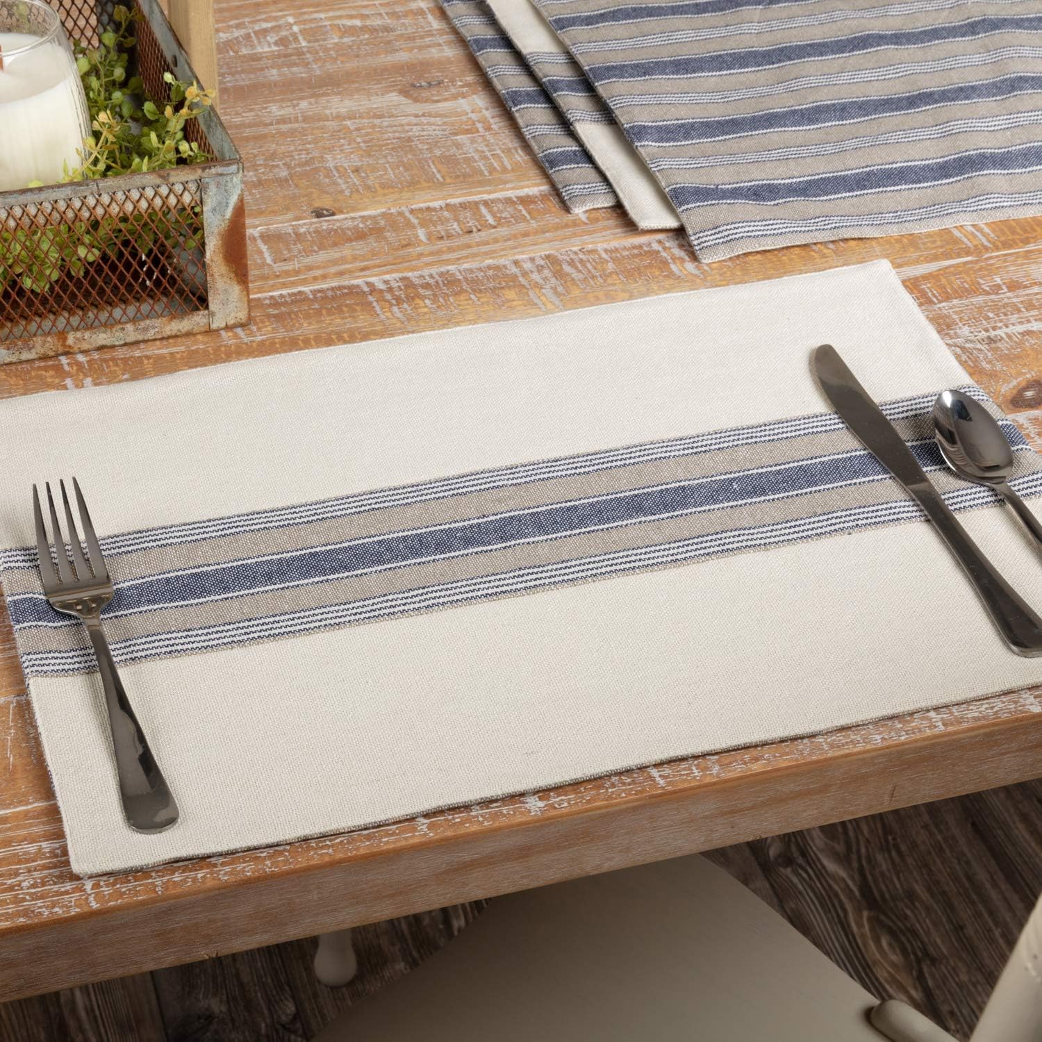 Piper Classics Doylestown Blue Placemats with Appliqued Grain Sack Stripe, Set of 4 Place Mats, Blue & Cream, Rustic Farmhouse, Vintage, Cottage, Country Kitchen Décor