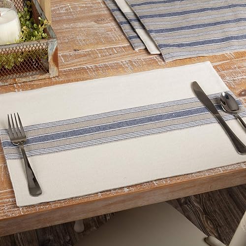 Piper Classics Doylestown - Juego de 4 manteles individuales azules con rayas de grano aplicado, color azul y crema, casa de campo rústica, vintage,