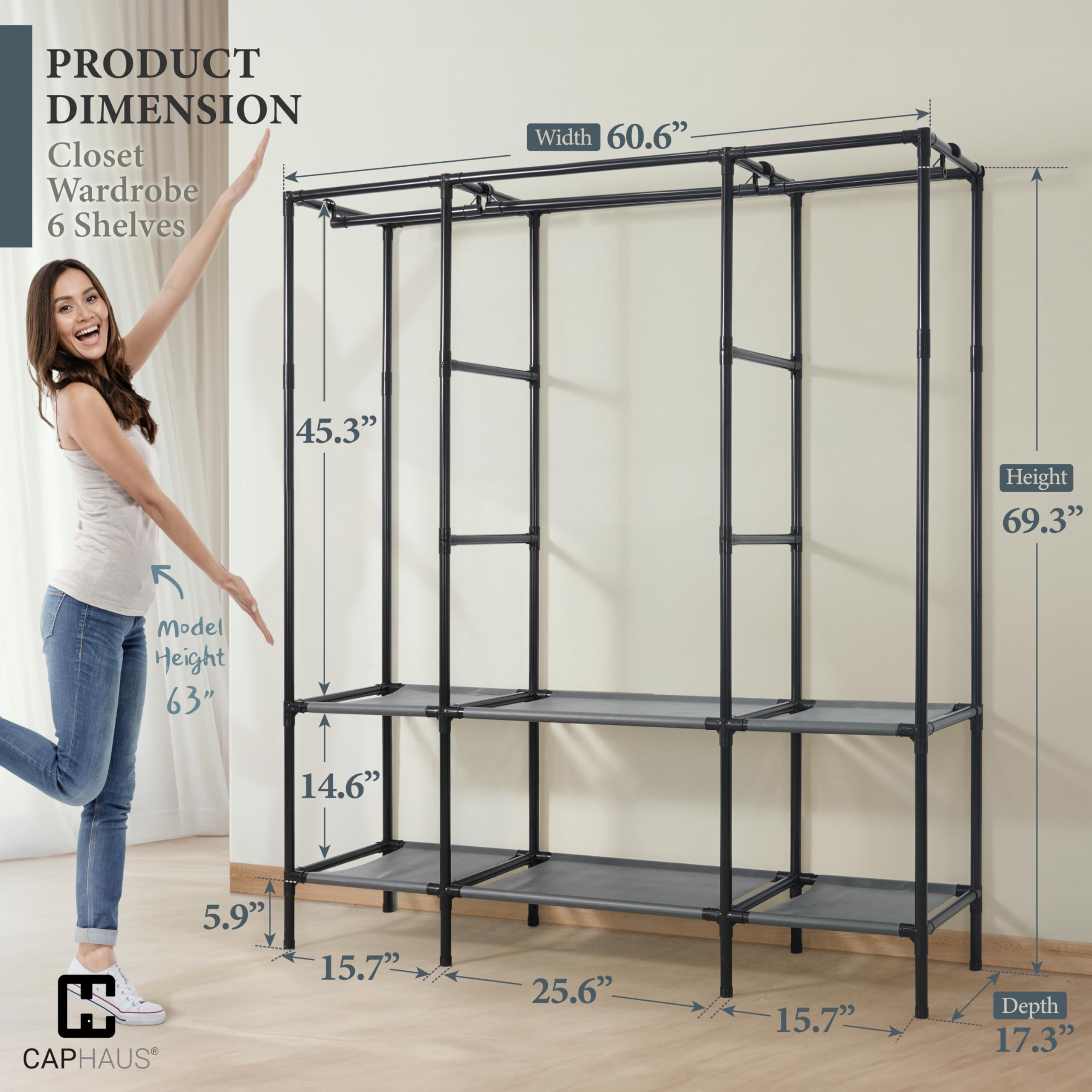 Fencer Wire Heavy Duty Garment Rack W/Fabric Cover, Clothing Storage Organizer Rack, Covered Portable Closet Wardrobe Clothes Rack for Hanging Clothes, Wardrobe Rack W/Cover, 61-Inch Wide, 6 Shelves