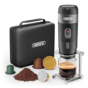 HIBREW H4A – 3-in-1-Espresso-Mini-Kaffeemaschine 12 V, kompatibel mit Nes Original, DG und gemahlenem Kaffee. Geeignet für Büros und Fahrzeuge (verbesserter Metallständer).