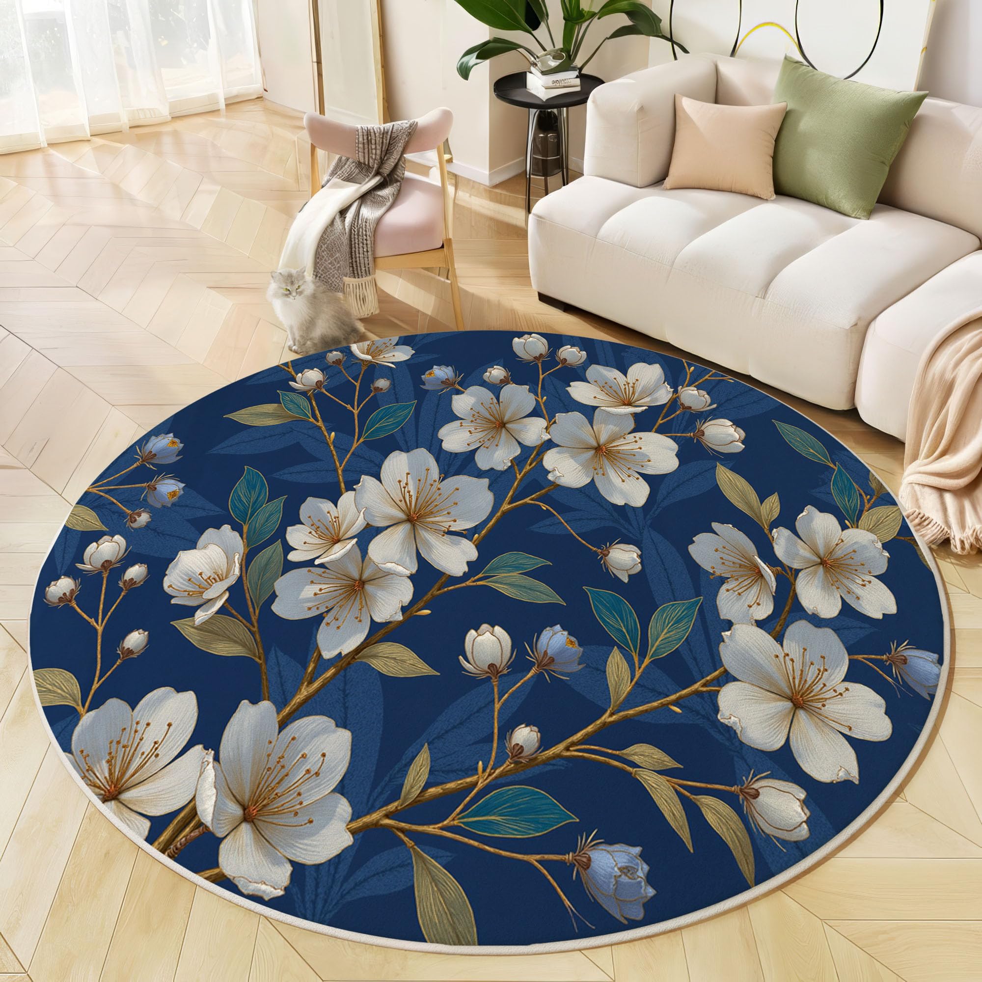 Tapis rond fleur de cerisier bleu marine et doré 120 cm doux