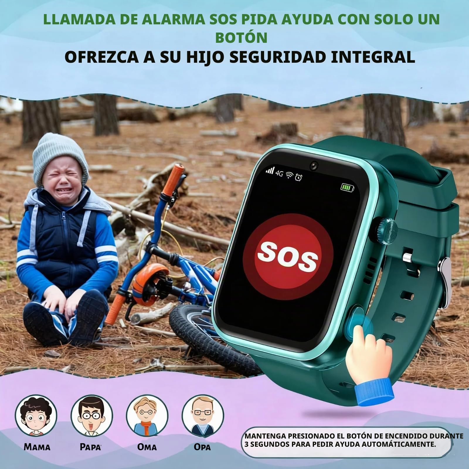 OKYUK Reloj Inteligente para niños 4G con rastreador GPS, Llamadas bidireccionales, Reloj Inteligente SOS con múltiples Estilos de Escritorio para Elegir, para niños y niñas de 6 a 12 años (Verde