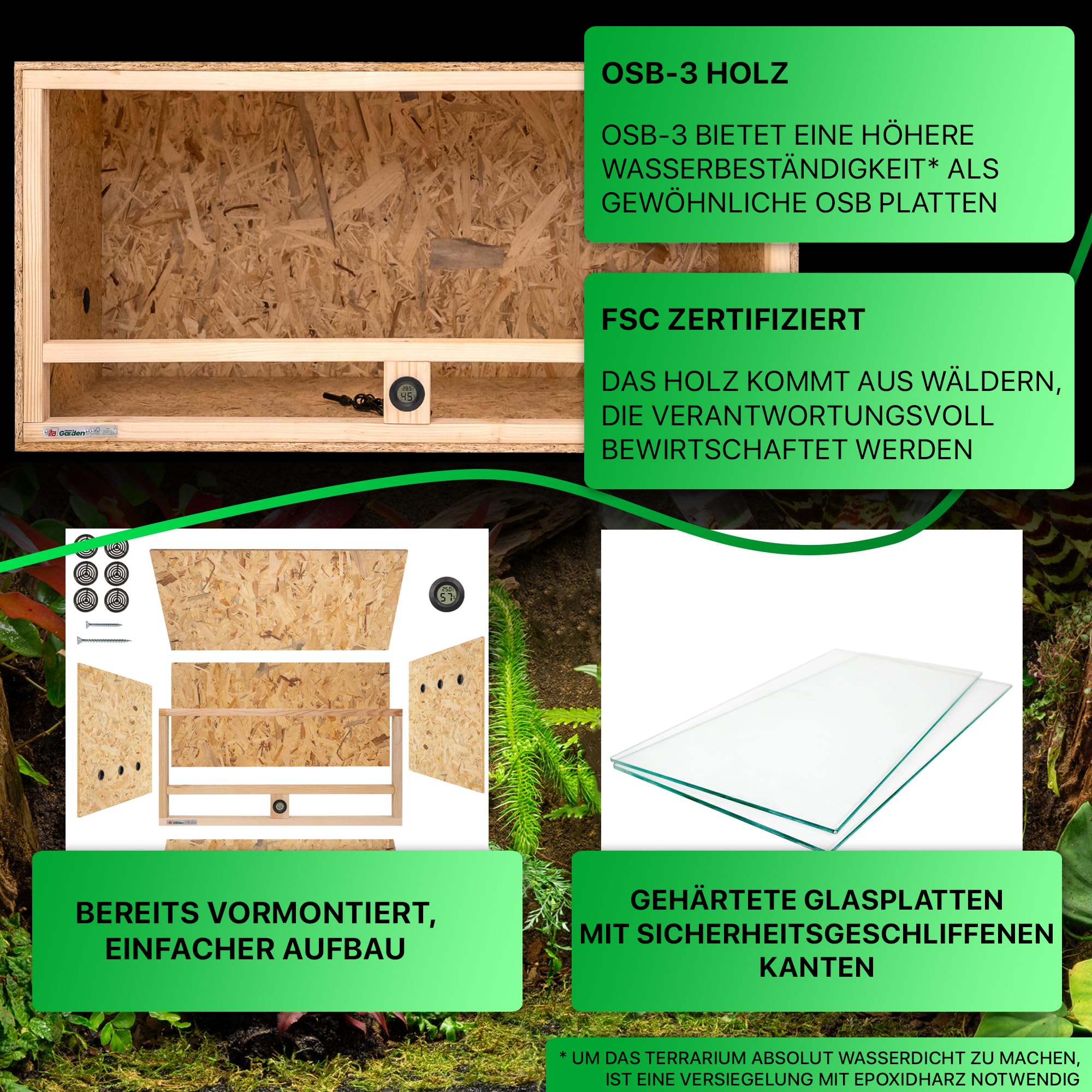 ITA Drewniane terrarium 100 x 50 x 50 cm ze zintegrowaną wentylacją i higrometrem, drewniane terrarium OSB-3, dla gadów, węży, płazów - produkt UE, certyfikat FSC
