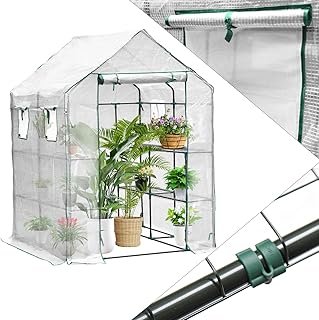 Gewächshaus,Tomatengewächshaus mit Regale für Pflanzen,143*143*195cm,135g PE-Plane,Wetterfest,Treibhaus mit Tür(Weiß),für Garten oder Balkon