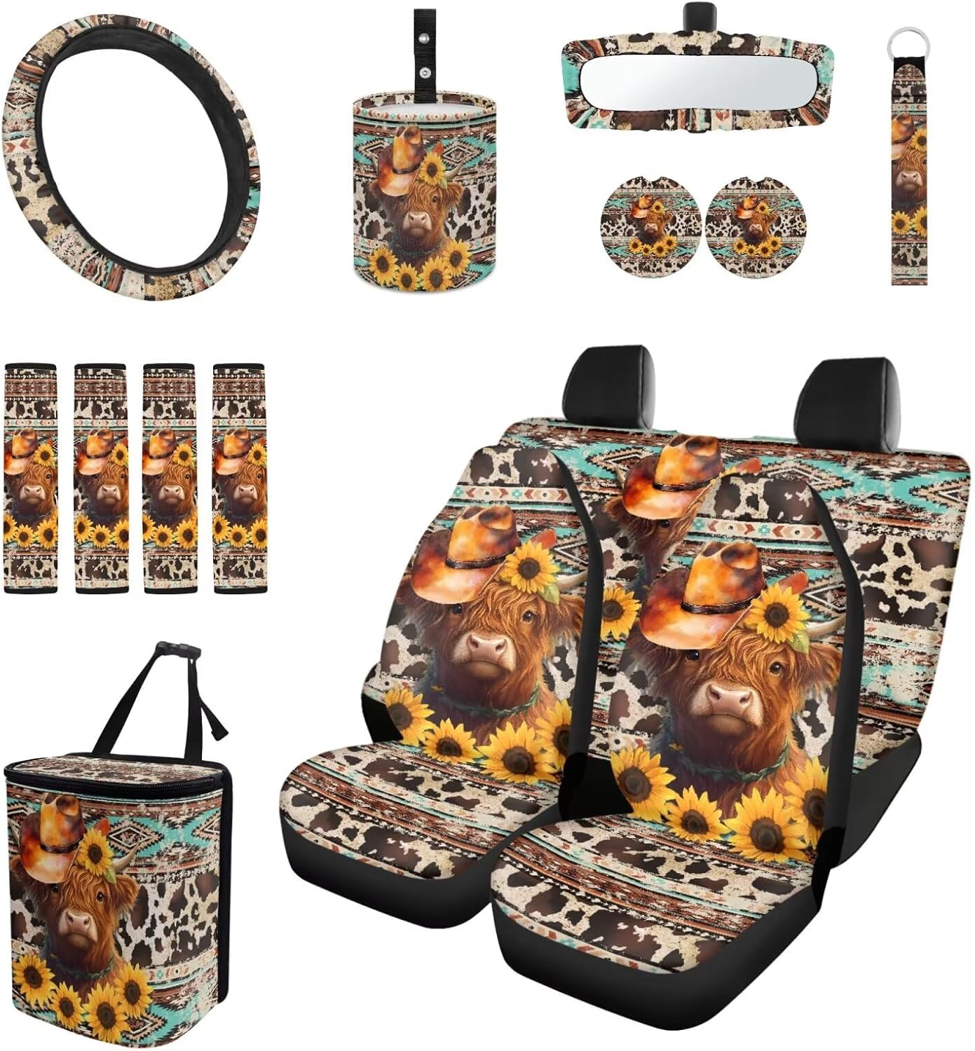 Highland Bull Sunflower Car Seat Covers Set of 15 with Universal Steering Wheel Cover, Rearview Mirror Cover, Car Trash Can, Seatbelt Pads, Cup Holder Coasters, Keychains