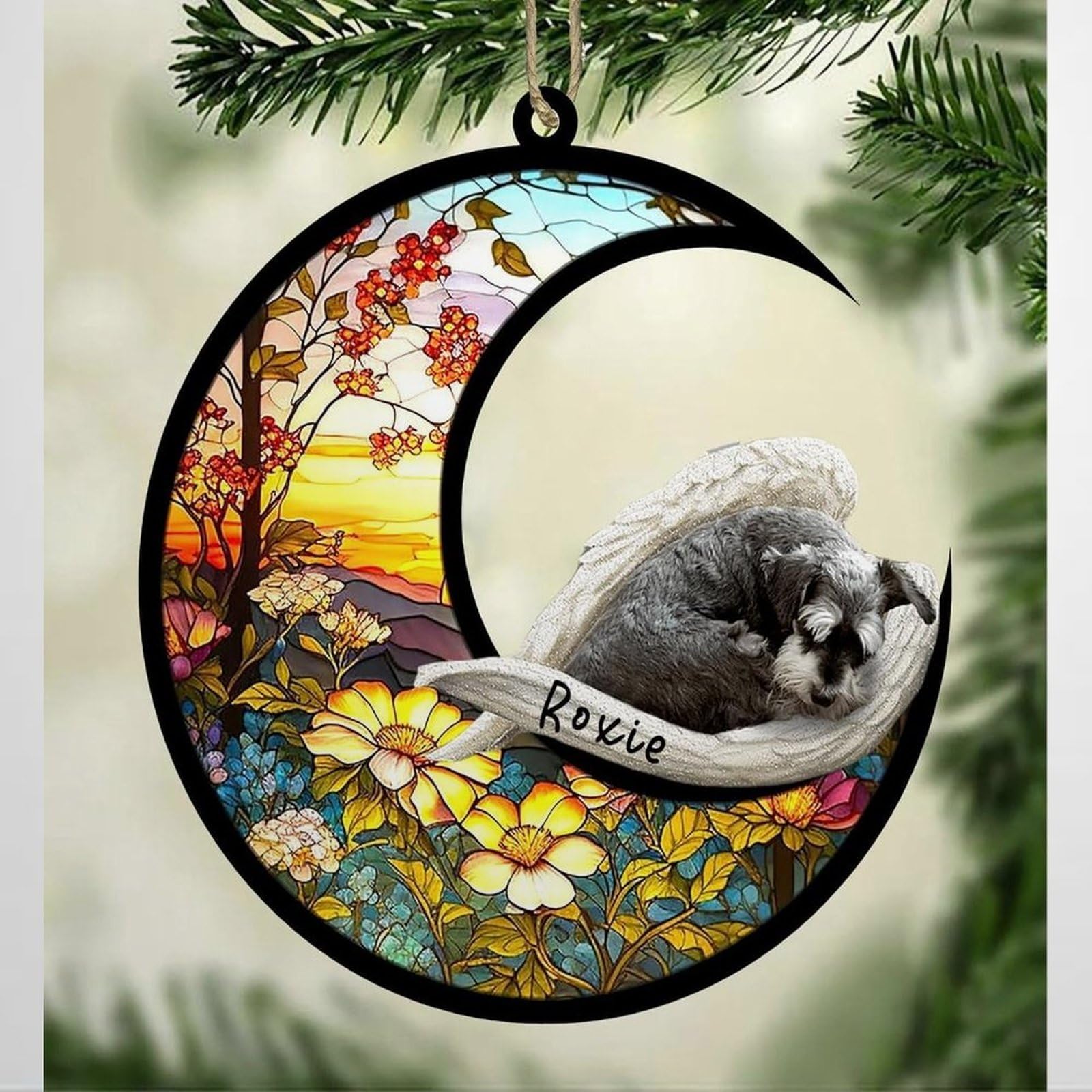 Luckluccy Schnauzer Personalized Dog Memorial Suncatcher, Christmas Ornament With Name,Pet Loss Catcher,Gifts For Dog Lovers Loss Of Dog, Sleep On Haven