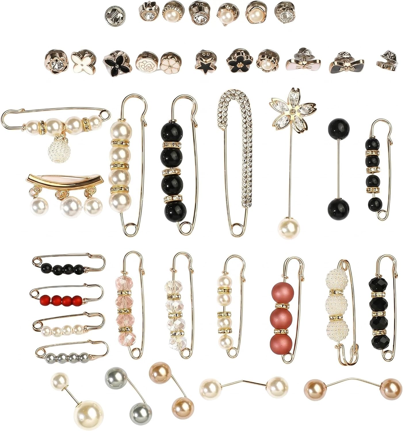 40PCS Pearl Brooch Set with Large Safety Pins, Women's Clothing and Hat Waist Tighteners, Elegant Decorative Pins for Dresses, Shirts, Hats
