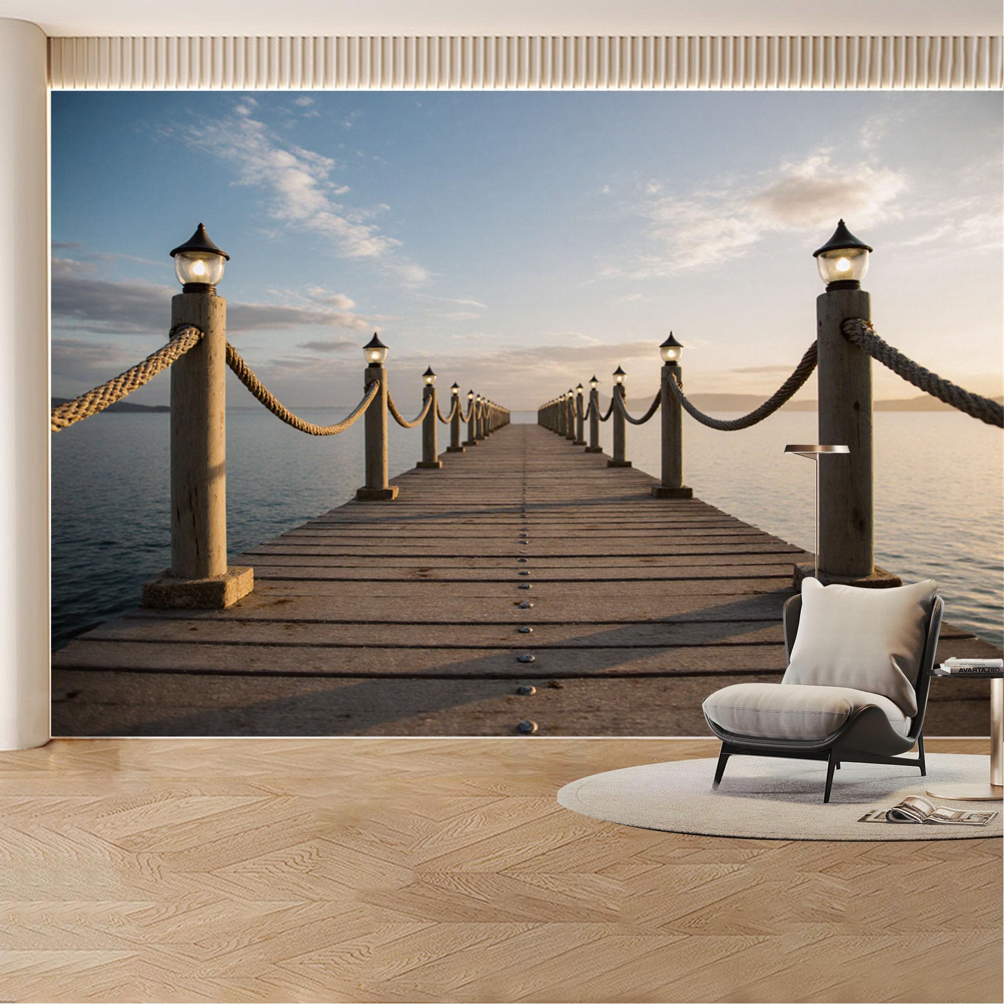 Custom Wall Mural Wallpaper Ocean Pier， Landscape Nature 3D Effect Wall Decor， Sunset Misty Removable SelfAdhesive Large Photo for Living Room， Bedroom， Office