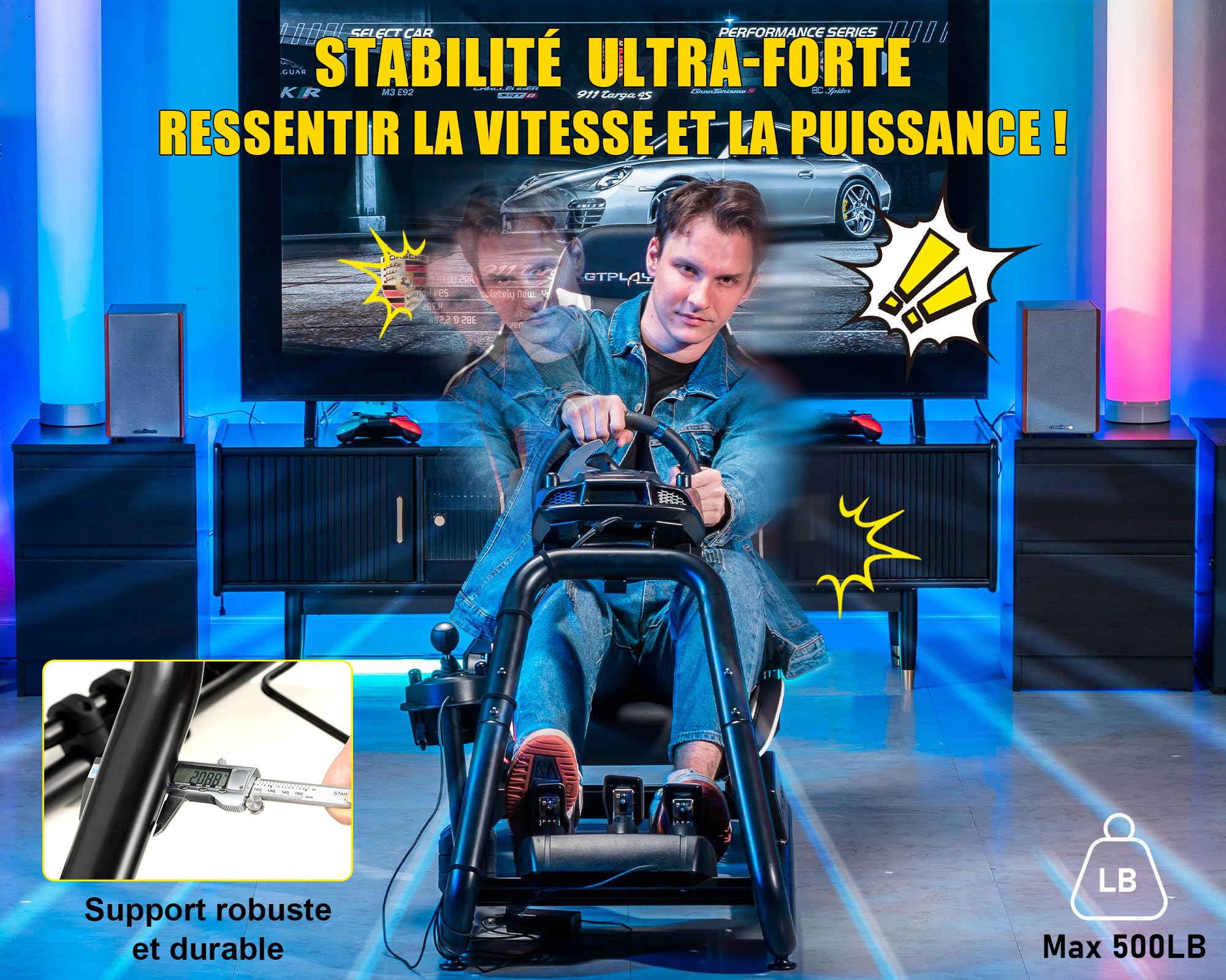 GTPLAYER Simulateur de Conduite, Siège de Simulation pour PC avec Haut-Parleurs, Support pour Volant et Pédalier,Blanc