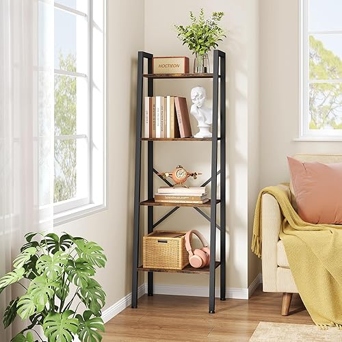 Hoctieon 4-Tier Industrial Ladder Bookshelf, Narrow Ladder Shelf, Tall Standing Bookshelf, Skinny Open Ladder Shelf, for Living Room, Home Office, Kitchen, Bedroom, Metal Frame, Rustic Brown