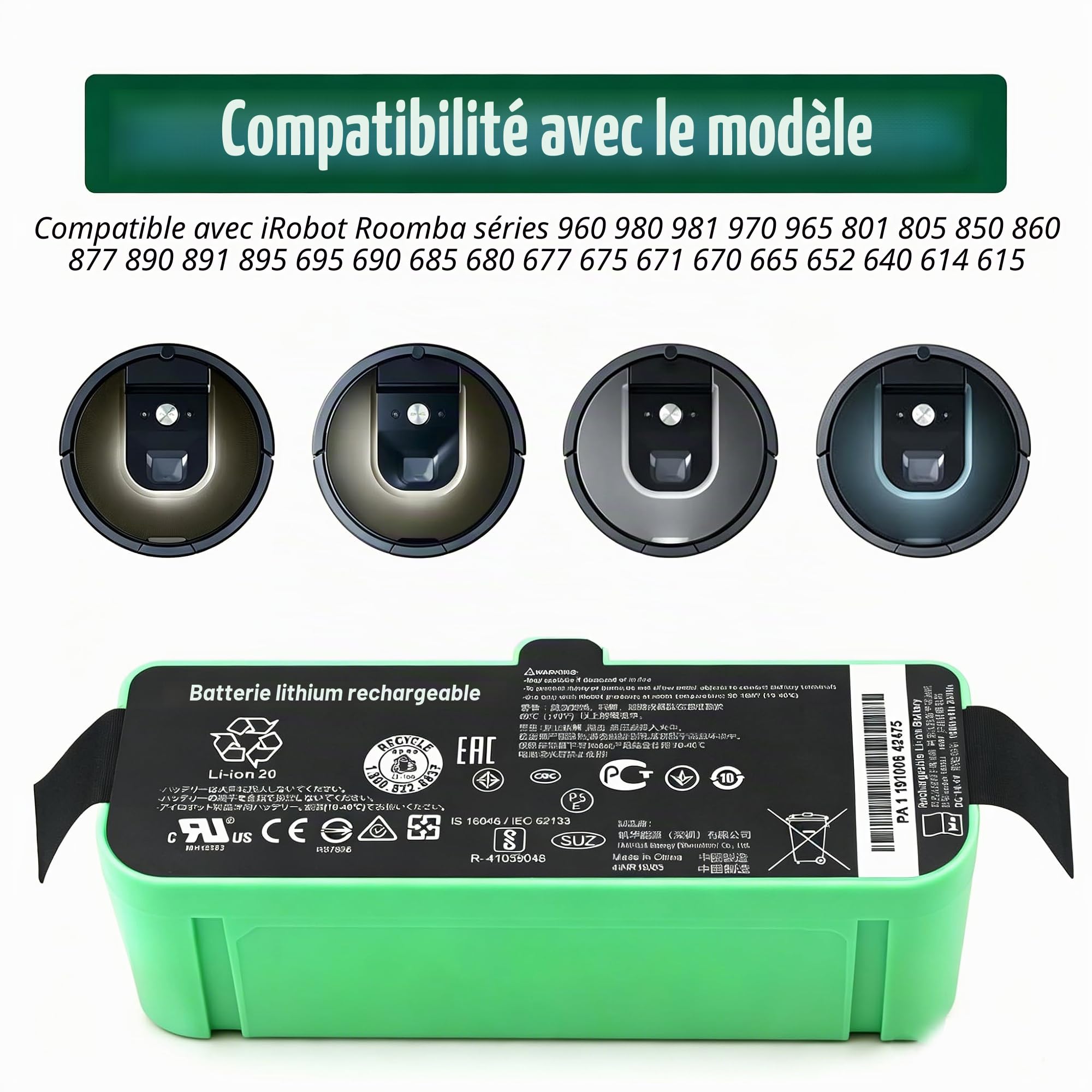 1800LI Batterie pour iRobot Roomba 500 580 595 600 700 800 900 610 670 680 | 671 675 677 685 690 691 695 696 760 761 770 780 790 860 870 871 880 890 895 960 965 966 980 Robot Vacuum Cleaners 1800mAh