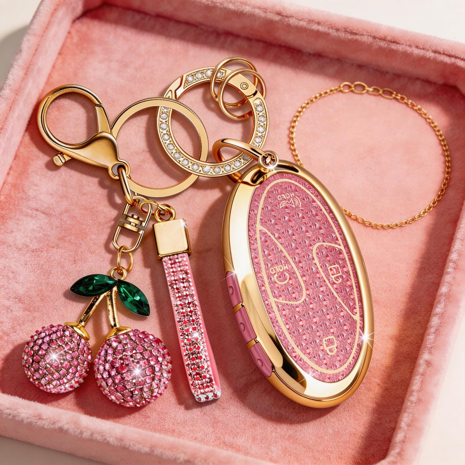 Sparkly Key Fob Cover with Cherry Keychain, Bling TPU Smart Key Case for Women, Compatible with Hyundai Ioniq 6 Grandeur KONA Santa Fe Elantra Tucson Sonata (5 7-Button, Gold Pink)
