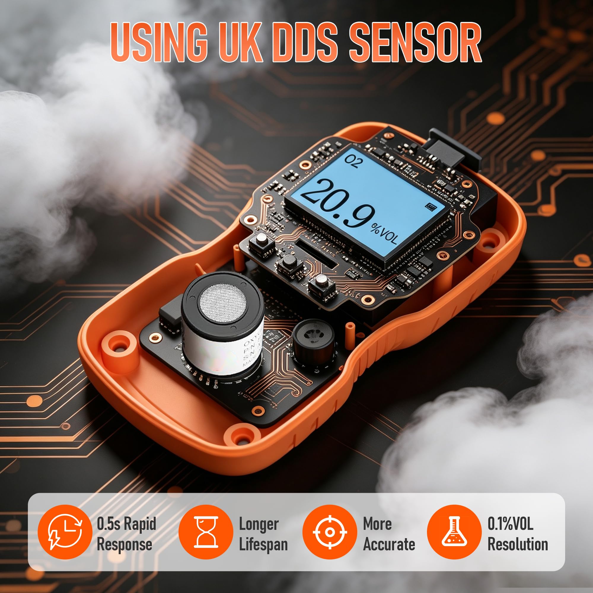Detector de oxígeno portátil, monitor de gas 0-30% VOL O2, respuesta rápida de 0,5 s, medidor de oxígeno recargable con alarmas de vibración, luz y sonido, a prueba de polvo y explosiones (naranja)