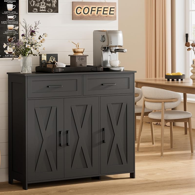 Homhedy Gabinete de almacenamiento para barra de café con cajones, gabinete de cocina buffet | Aparador con Puertas, Gabinete Buffet de Granja, Estantes Ajustables, para Cocina/Comedor/Sala de Estar, Negro