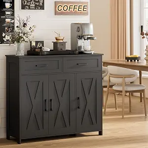 Homhedy Coffee Bar Storage Cabinet with Drawers and Adjustable Shelves, Farmhouse Style, Black