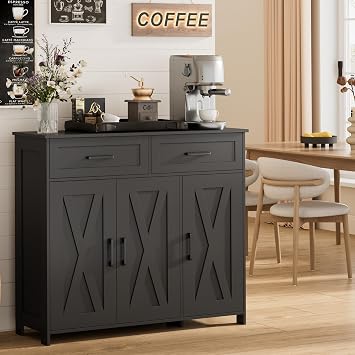Homhedy Coffee Bar Storage Cabinet with Drawers, Kitchen Buffet Cabinet | Sideboard Cabinet with Doors, Farmhouse Buffet Cabinet, Adjustable Shelves, for Kitchen / Dining / Living Room, Black