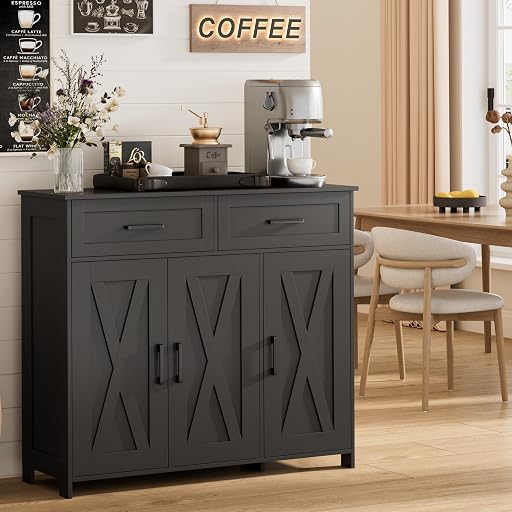 Homhedy Sideboard Buffet Cabinet, Coffee Bar Storage Cabinet with Drawers and Doors, Farmhouse Kitchen Cabinet with Adjustable Shelves, for Kitchen, Dining Room, Living Room, Black