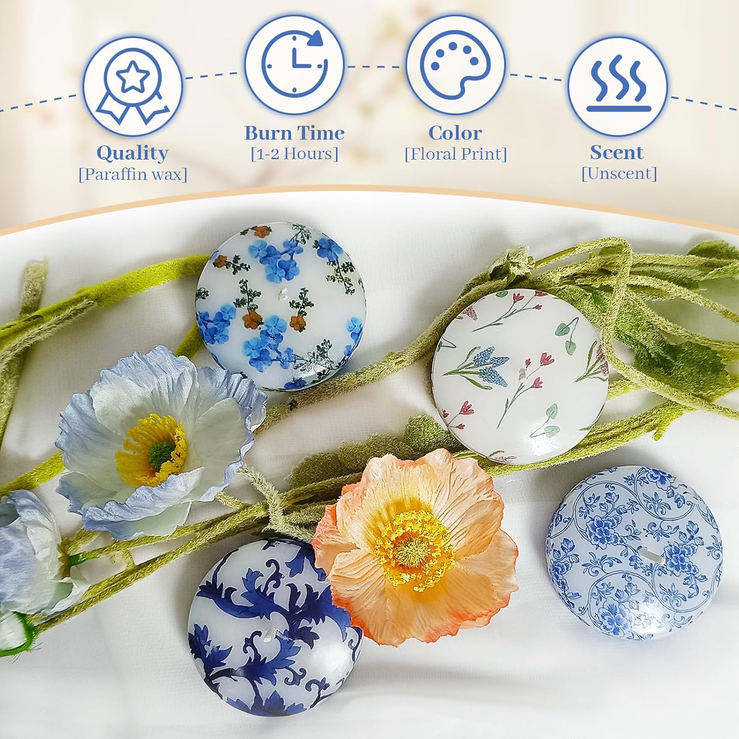 12 Pack Print Floating Candles 1.3 inch Small Flower Floating Candle Unique Unscented for Centerpieces Wedding Christmas Lights Romantic Night (Blue and White Floral Pattern)