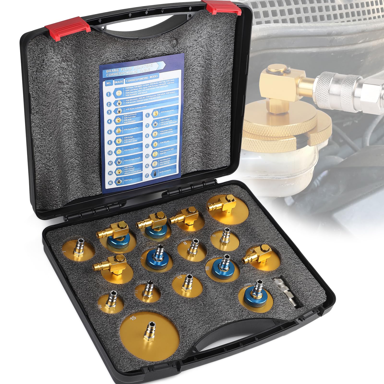 efuturetime Kit 17 Pezzi Adattatori per Spurgo Freni, Apparecchiatura con Connessione Rapida per Cambio Liquido, Universale per la Maggior Parte dei Veicoli